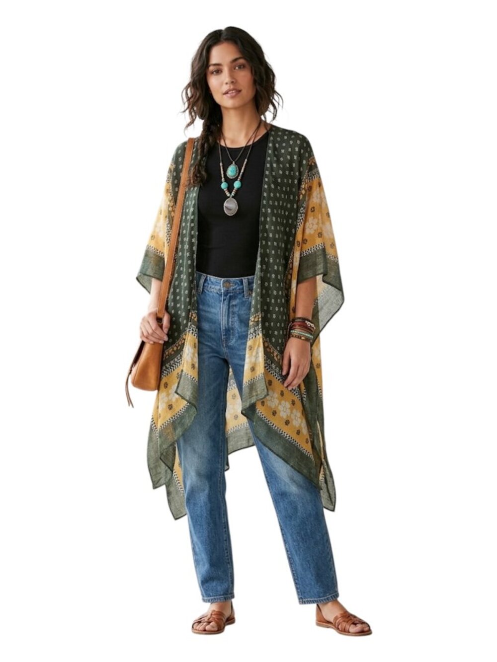 Woven Heart poncho wrap open-front contrast border flowy o/s longline multicolor